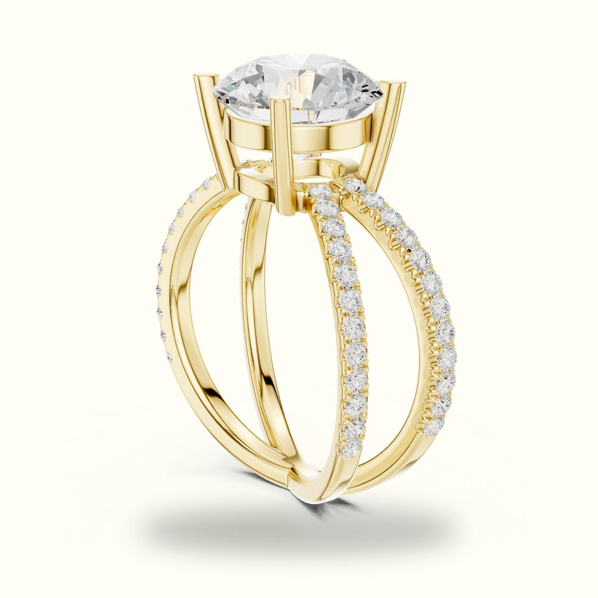 Round Cut Split Shank Pavé Engagement Ring — Yellow gold, view 1 | Crystal N Cuts