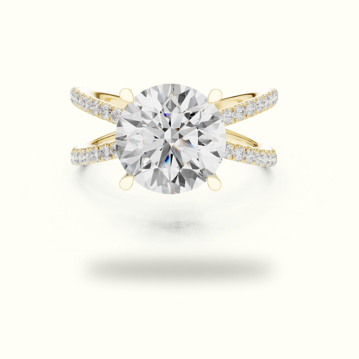 Round Cut Split Shank Pavé Engagement Ring — Yellow gold, front view | Crystal N Cuts