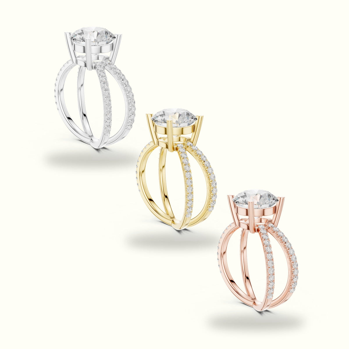 Round Cut Split Shank Pavé Engagement Ring — Yellow gold, in yellow, white and rose gold | Crystal N Cuts