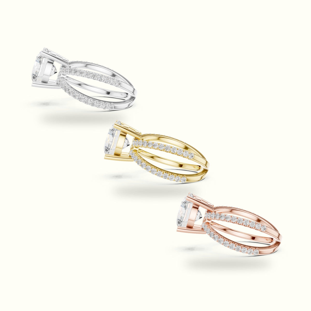 Round Cut Split Shank Pavé Engagement Ring — Yellow gold, in yellow, white and rose gold | Crystal N Cuts