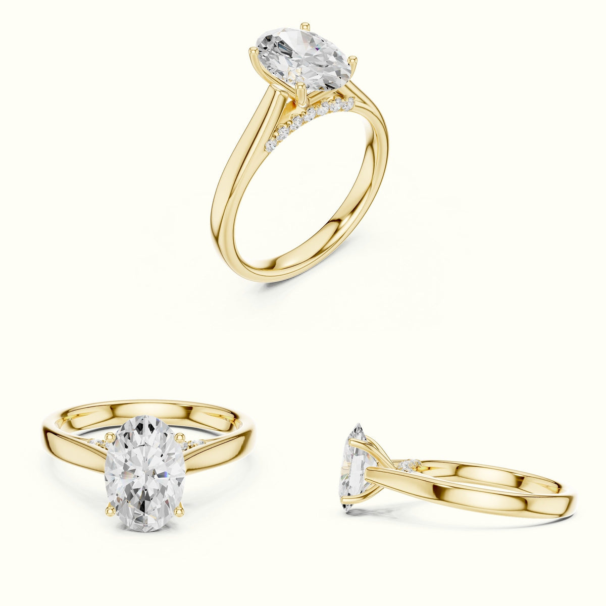 Oval Cathedral Lab-Grown Diamond Solitaire Ring — Yellow gold, on the hand | Crystal N Cuts