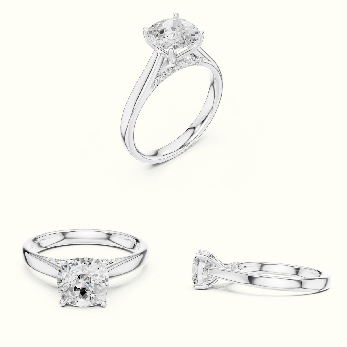 Cushion Cathedral Lab-Grown Diamond Solitaire Ring — White gold, on the hand | Crystal N Cuts