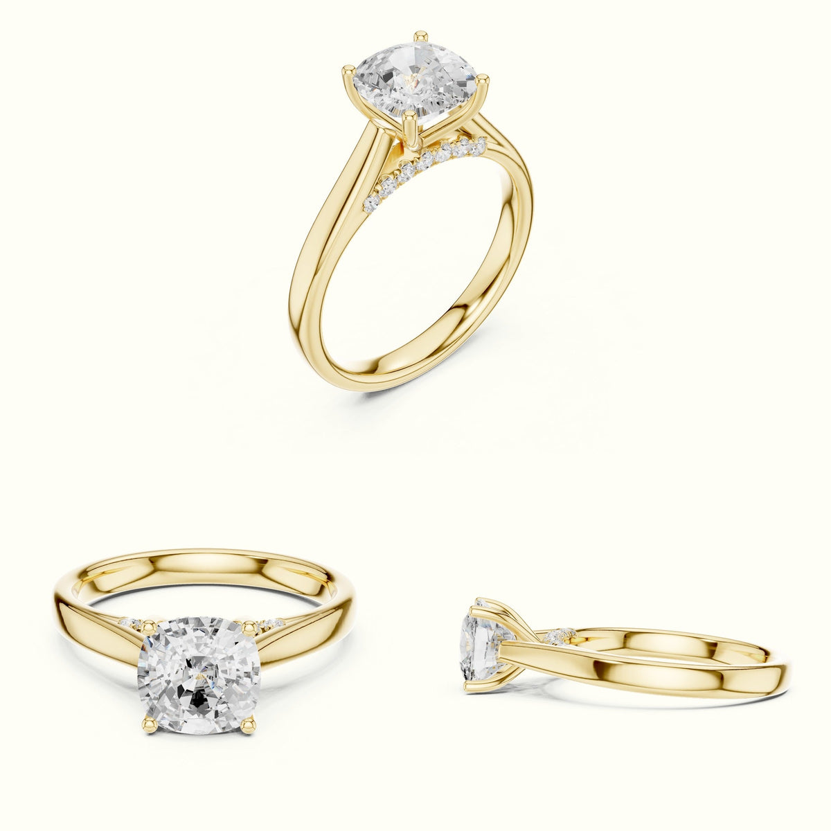 Cushion Cathedral Lab-Grown Diamond Solitaire Ring — Yellow gold, on the hand | Crystal N Cuts