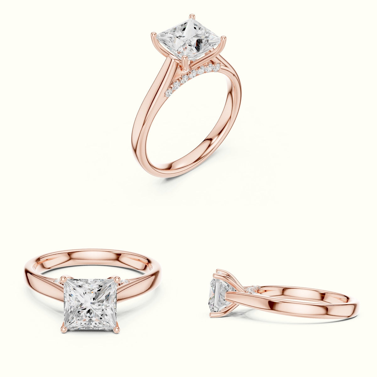 Princess Cathedral Lab-Grown Diamond Solitaire Ring — Rose gold, on the hand | Crystal N Cuts
