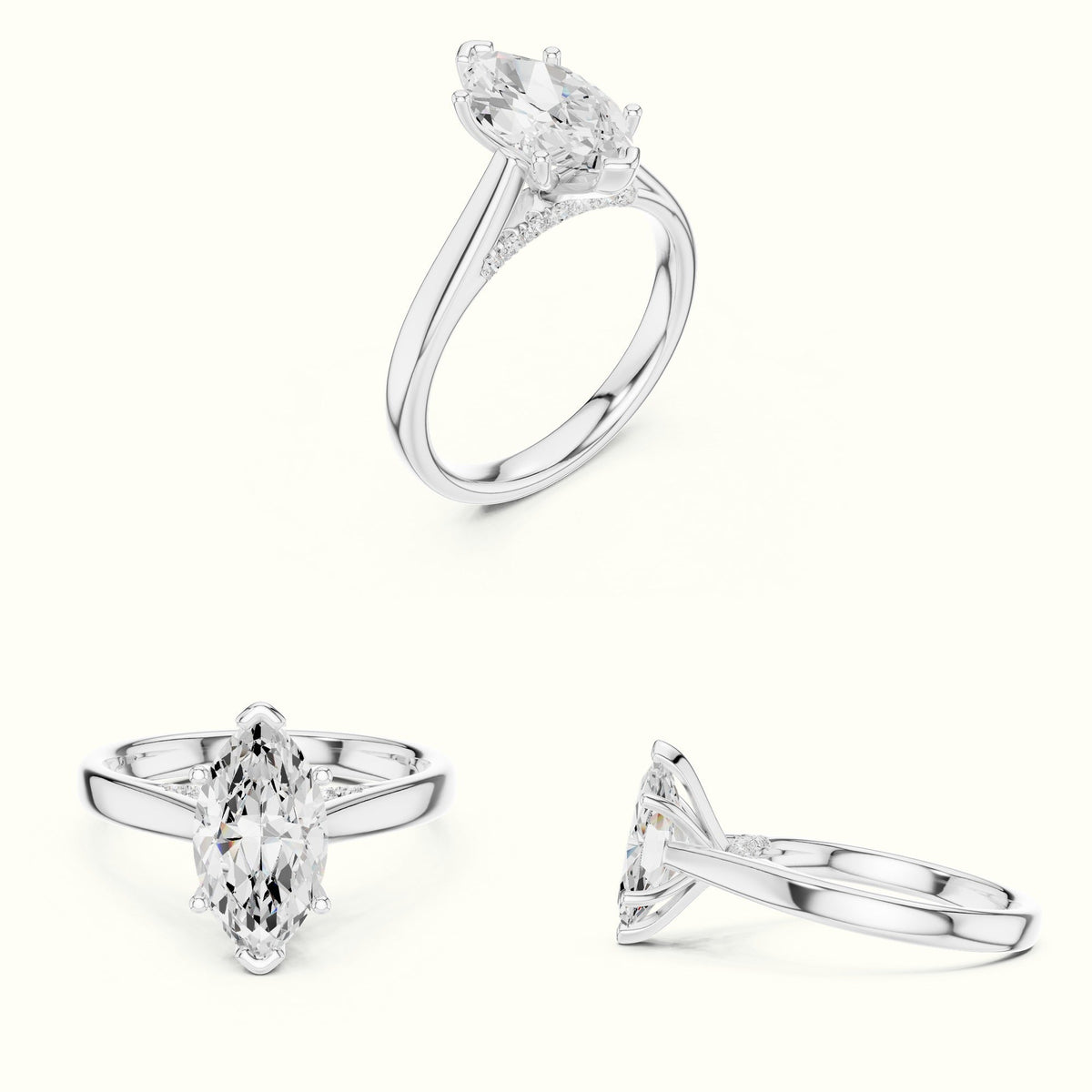 Marquise Cathedral Lab-Grown Diamond Solitaire Ring — White gold, on the hand | Crystal N Cuts