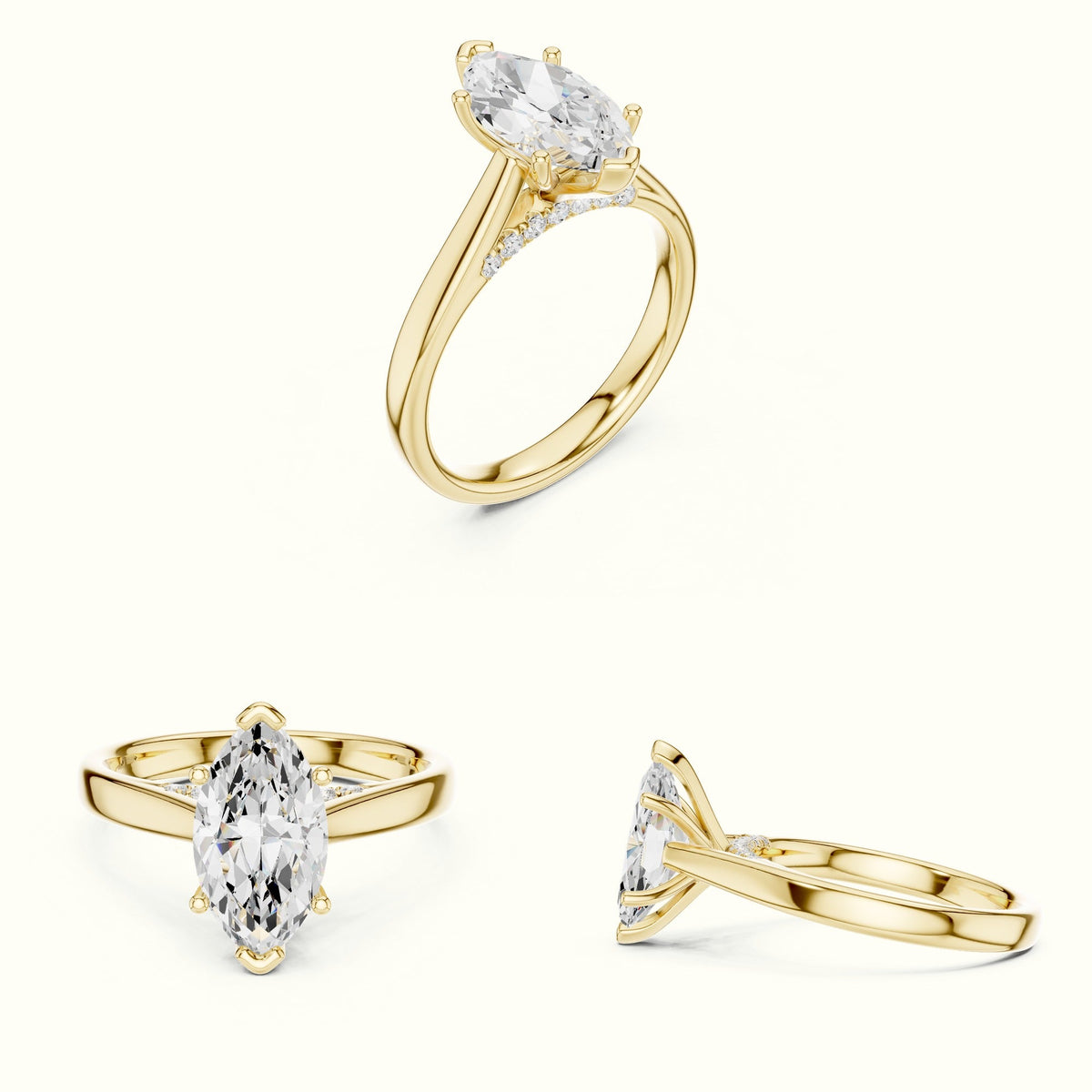 Marquise Cathedral Lab-Grown Diamond Solitaire Ring — Yellow gold, on the hand | Crystal N Cuts
