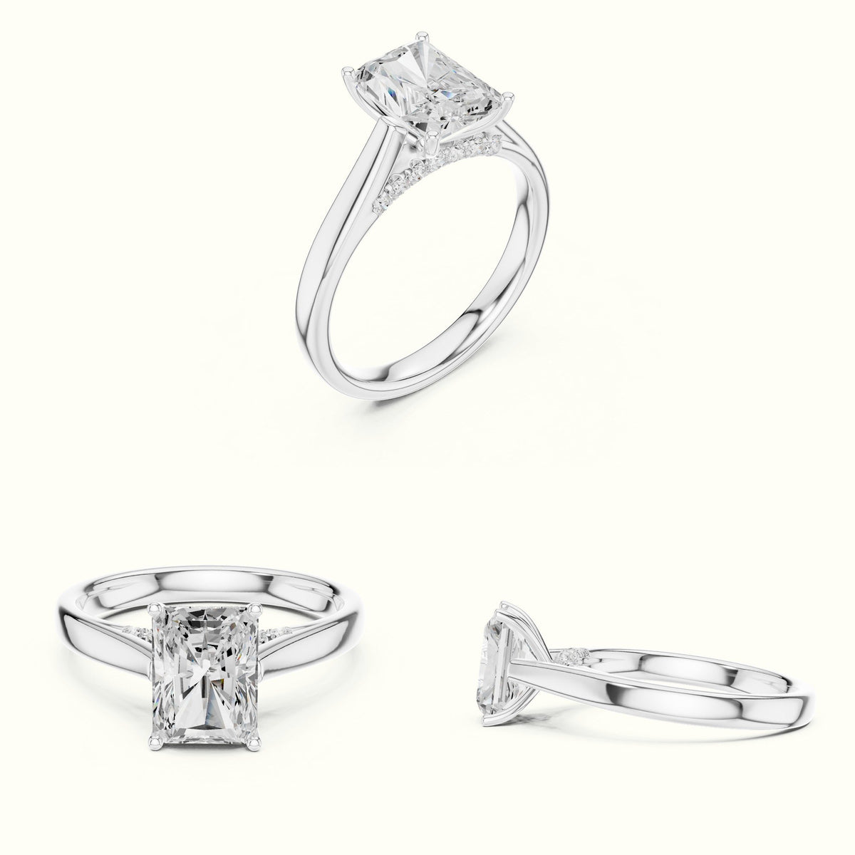 Radiant Cathedral Lab-Grown Diamond Solitaire Ring — White gold, on the hand | Crystal N Cuts