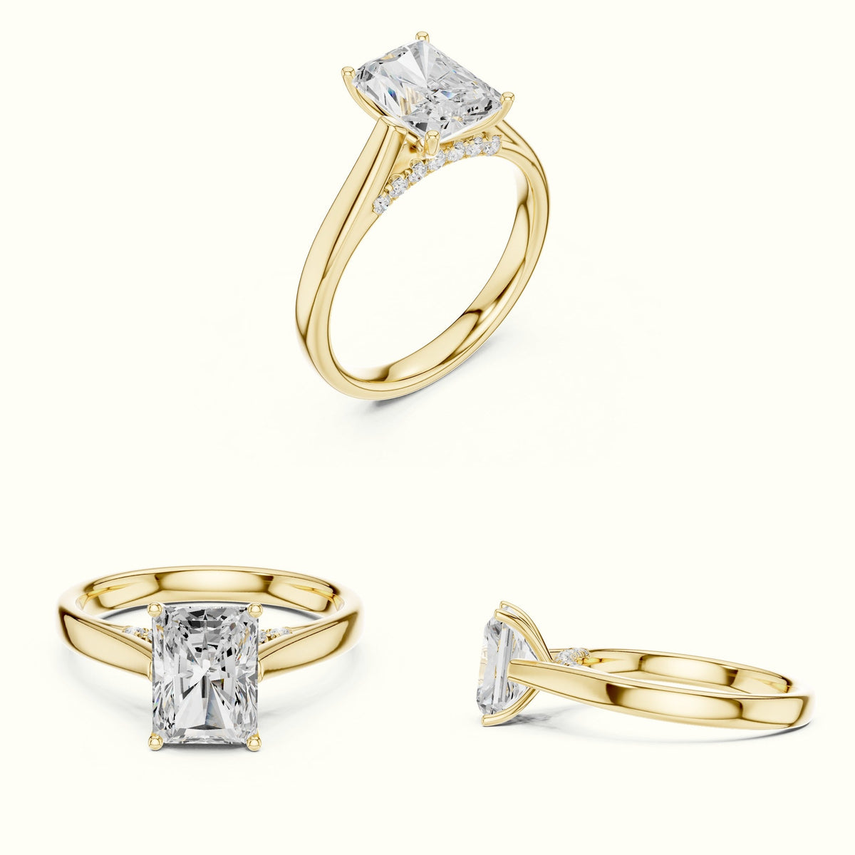 Radiant Cathedral Lab-Grown Diamond Solitaire Ring — Yellow gold, on the hand | Crystal N Cuts