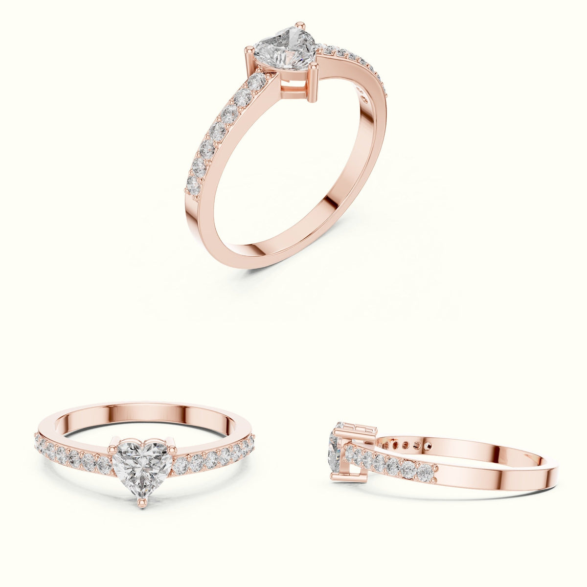 Three-Prong Heart Basket Lab-Grown Diamond Solitaire Ring — Rose gold, on the hand | Crystal N Cuts