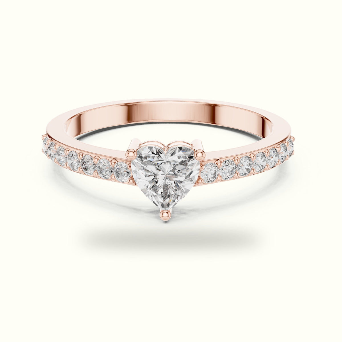 Three-Prong Heart Basket Lab-Grown Diamond Solitaire Ring — Rose gold, front view | Crystal N Cuts