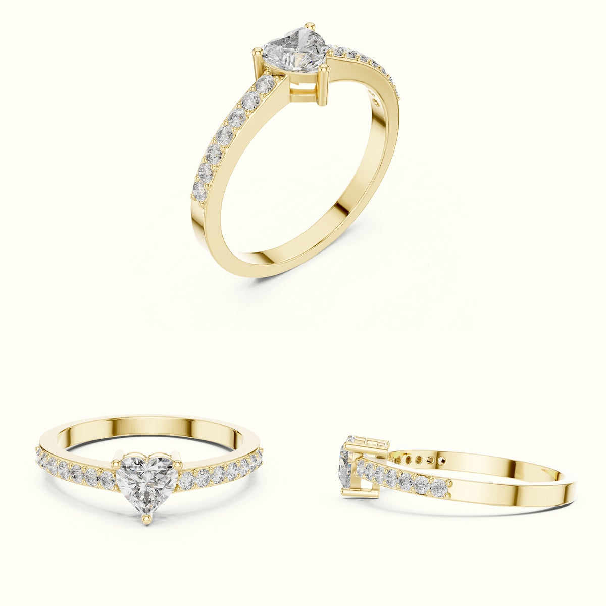 Three-Prong Heart Basket Lab-Grown Diamond Solitaire Ring — Yellow gold, on the hand | Crystal N Cuts