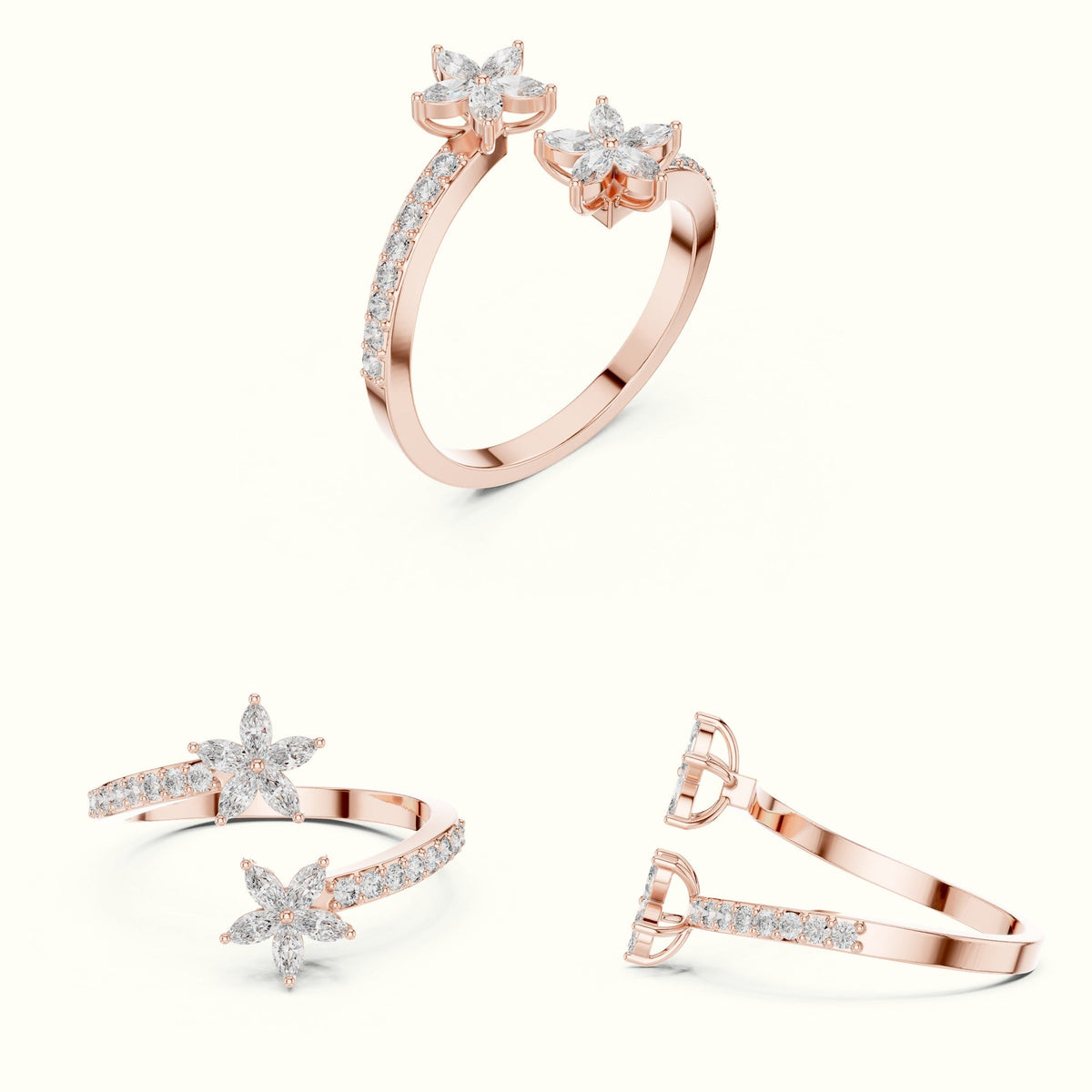 Classic Marquise Bypass Cluster Lab-Grown Diamond Ring — Rose gold, on the hand | Crystal N Cuts