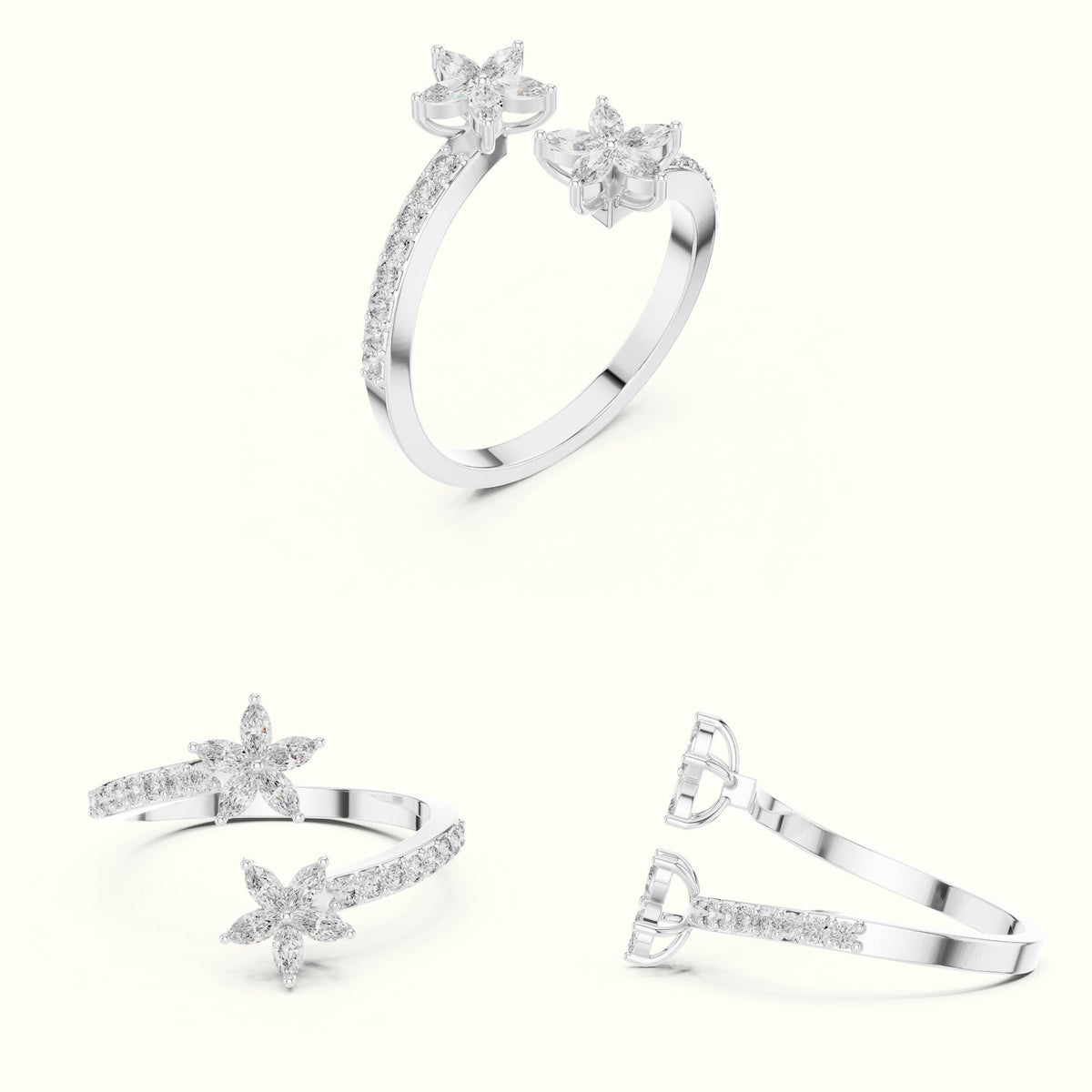 Classic Marquise Bypass Cluster Lab-Grown Diamond Ring — White gold, on the hand | Crystal N Cuts