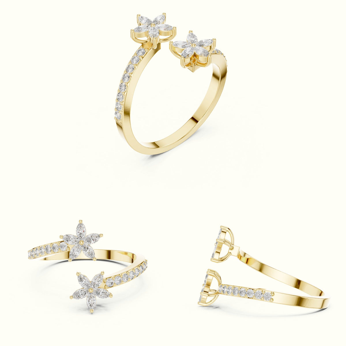 Classic Marquise Bypass Cluster Lab-Grown Diamond Ring — Yellow gold, on the hand | Crystal N Cuts