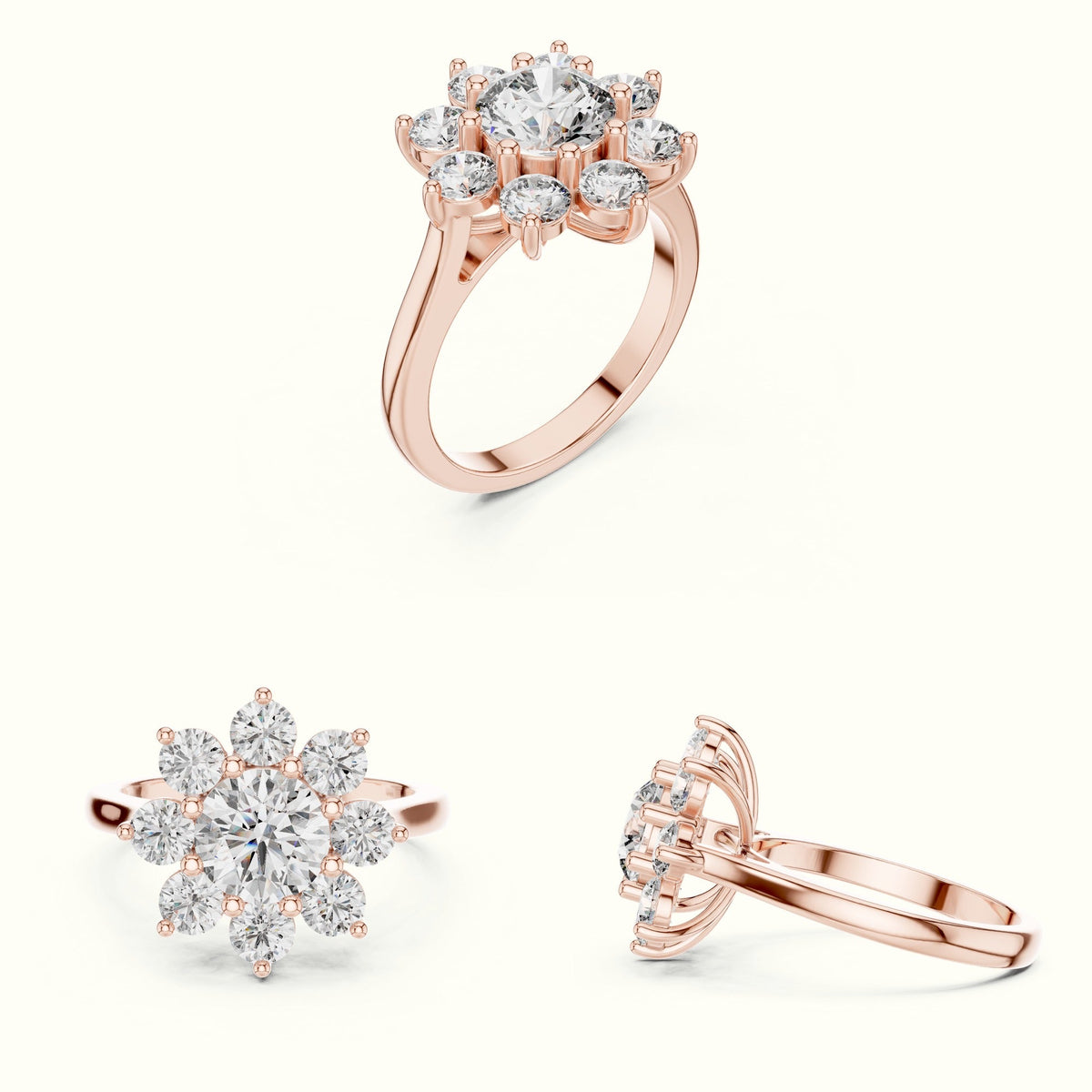 Round lab-grown diamond Flower Cluster Ring — Rose gold, on the hand | Crystal N Cuts
