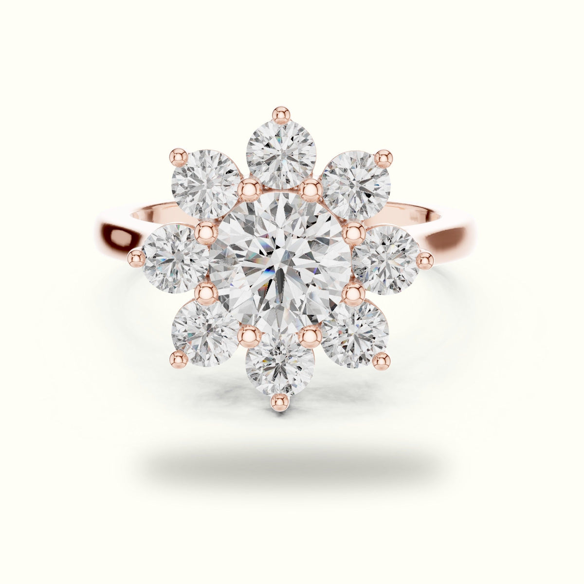 Round lab-grown diamond Flower Cluster Ring — Rose gold, front view | Crystal N Cuts
