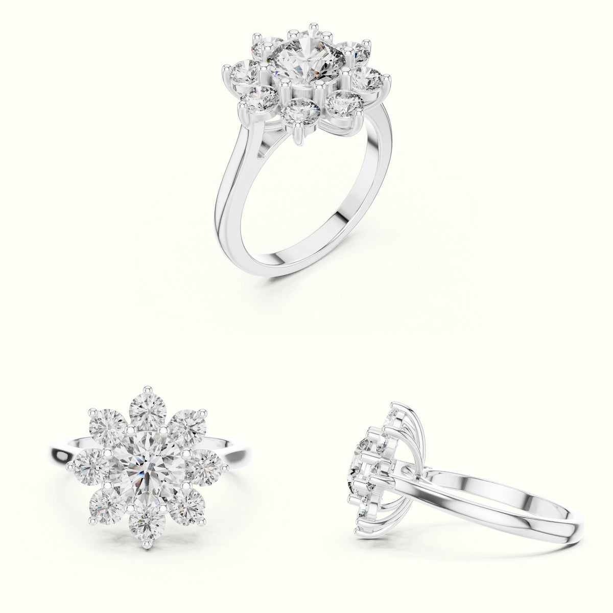 Round lab-grown diamond Flower Cluster Ring — White gold, on the hand | Crystal N Cuts