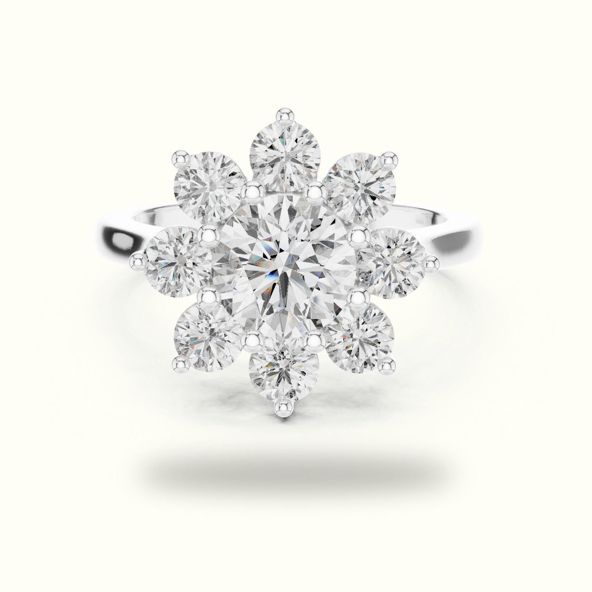 Round lab-grown diamond Flower Cluster Ring — White gold, front view | Crystal N Cuts