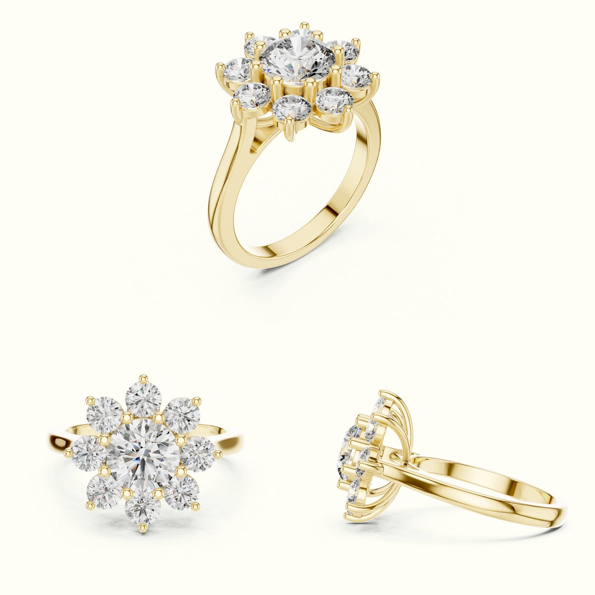 Round lab-grown diamond Flower Cluster Ring — Yellow gold, on the hand | Crystal N Cuts