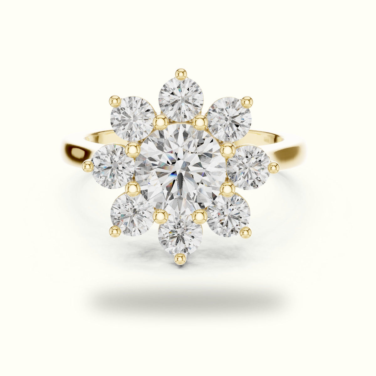 Round lab-grown diamond Flower Cluster Ring — Yellow gold, front view | Crystal N Cuts