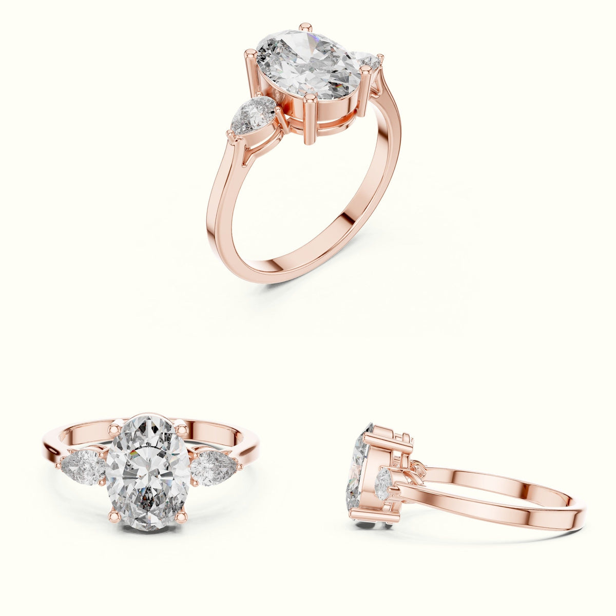 Oval Three-Stone Lab-Grown Diamond Ring — Rose gold, on the hand | Crystal N Cuts