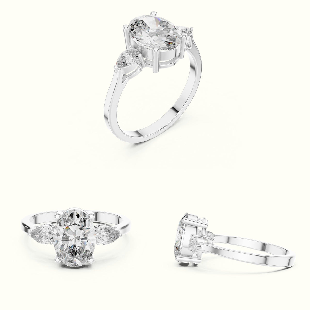 Oval Three-Stone Lab-Grown Diamond Ring — White gold, on the hand | Crystal N Cuts