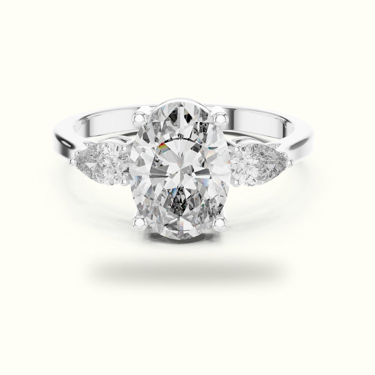 Oval Three-Stone Lab-Grown Diamond Ring — White gold, front view | Crystal N Cuts