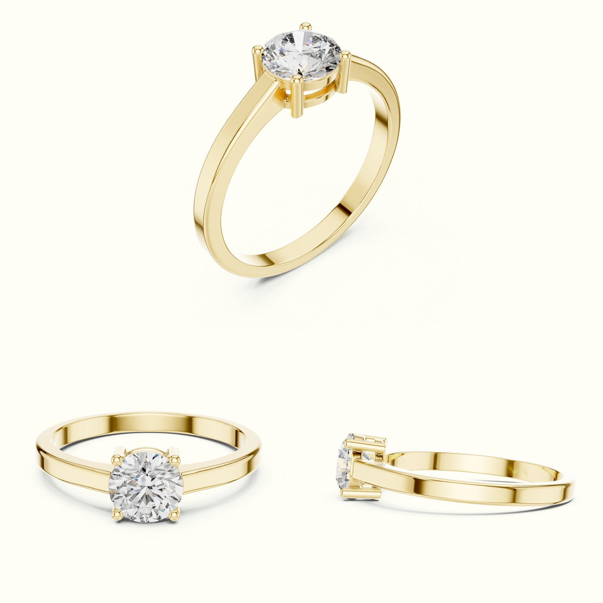 Round Basket Lab-Grown Diamond Solitaire Ring — Yellow gold, on the hand | Crystal N Cuts