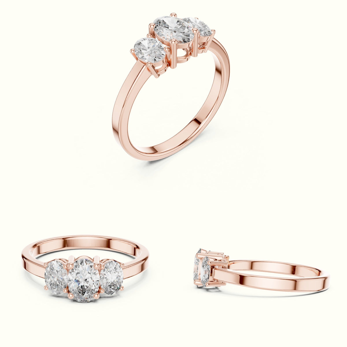 Oval Three-Stone Basket Lab-Grown Diamond Ring — Rose gold, on the hand | Crystal N Cuts