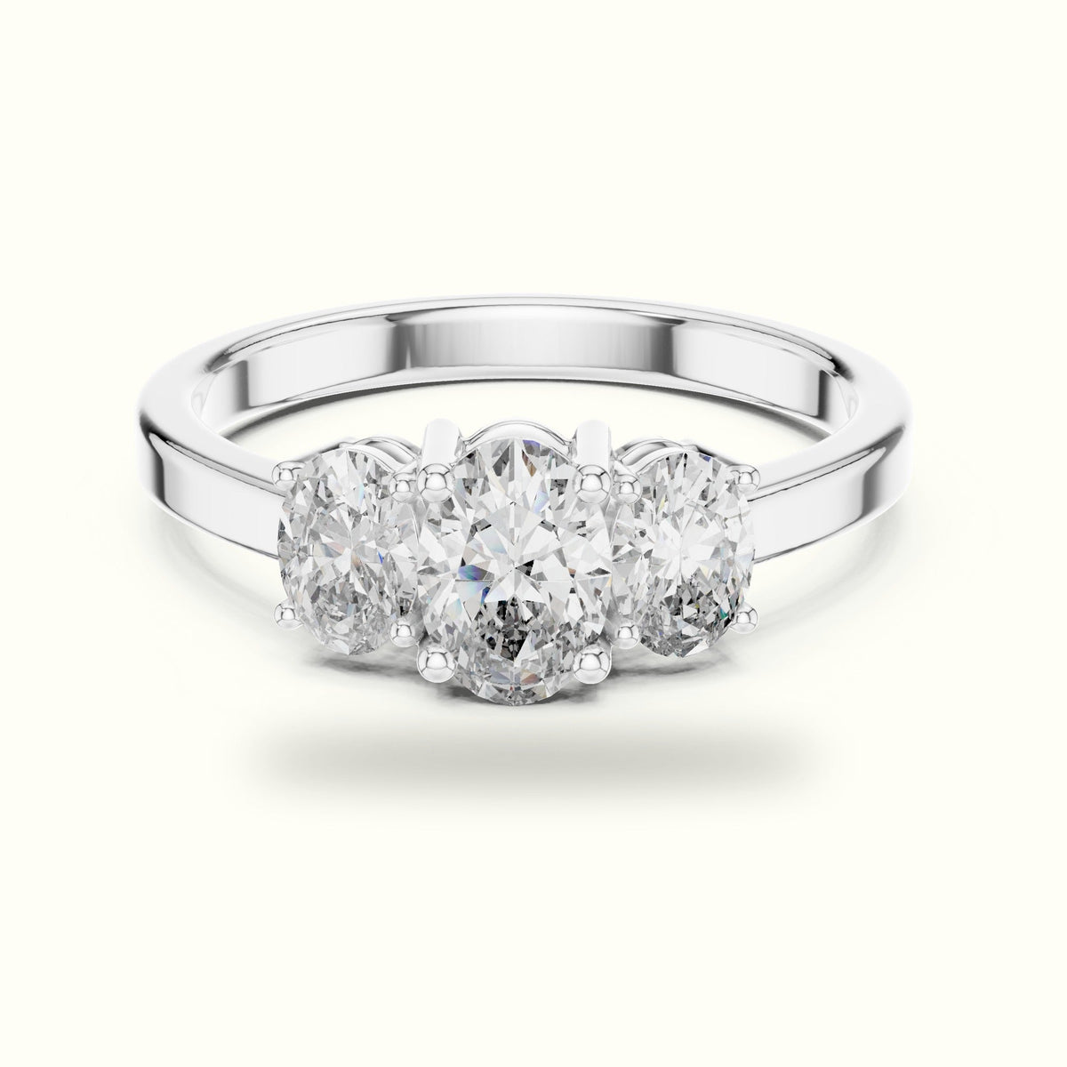 Oval Three-Stone Basket Lab-Grown Diamond Ring — White gold, front view | Crystal N Cuts
