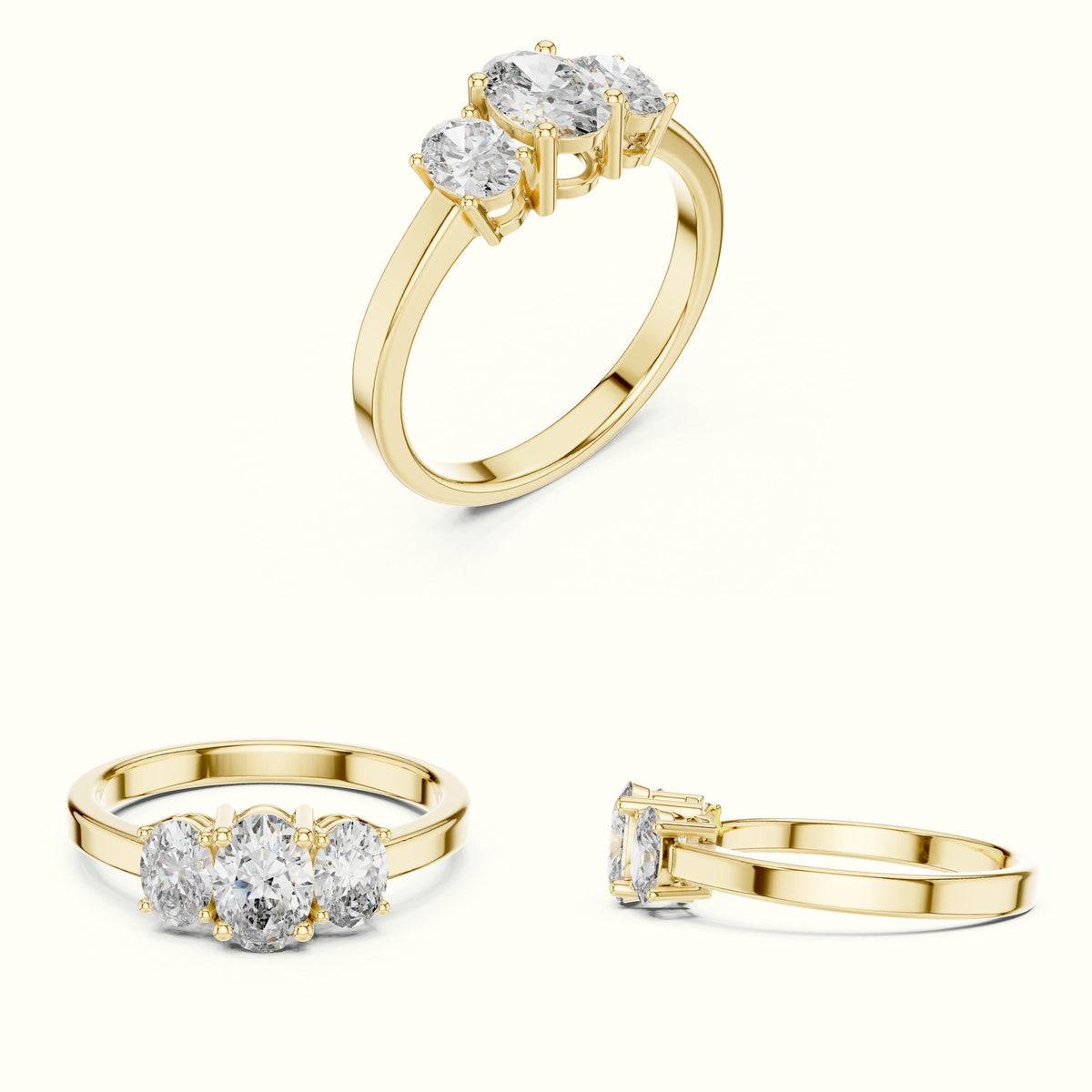 Oval Three-Stone Basket Lab-Grown Diamond Ring — Yellow gold, on the hand | Crystal N Cuts