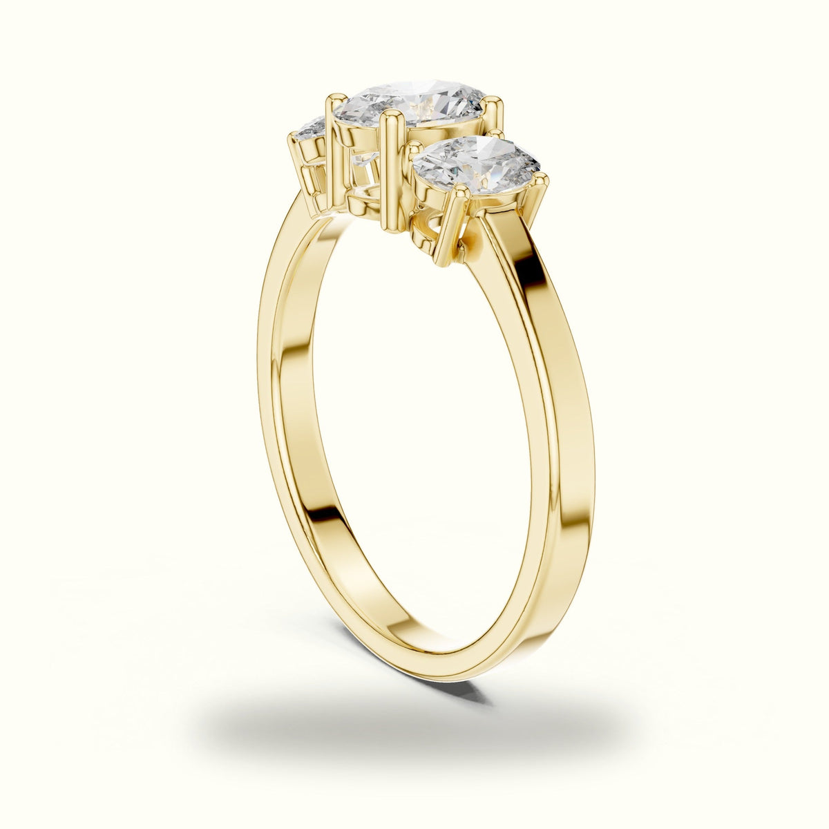 Oval Three-Stone Basket Lab-Grown Diamond Ring — Yellow gold, view 1 | Crystal N Cuts