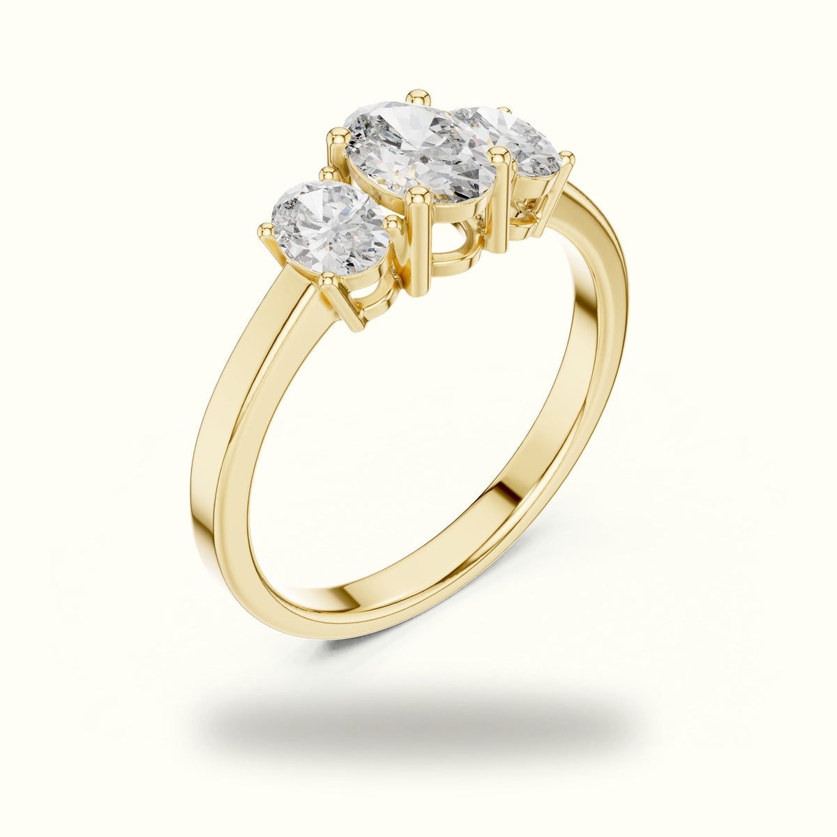 Oval Three-Stone Basket Lab-Grown Diamond Ring — Yellow gold, view 2 | Crystal N Cuts