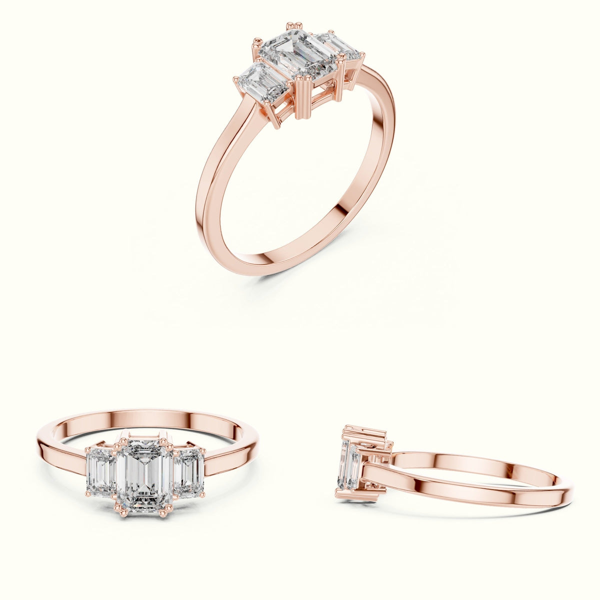 Emerald Three-Stone Basket Lab-Grown Diamond Ring — Rose gold, on the hand | Crystal N Cuts