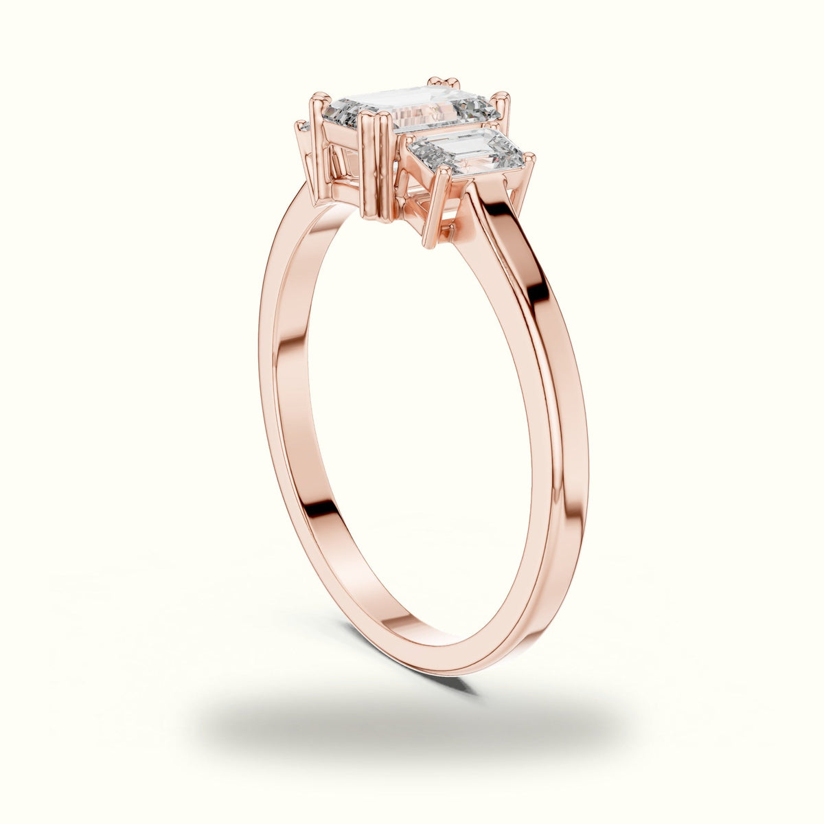Emerald Three-Stone Basket Lab-Grown Diamond Ring — Rose gold, view 1 | Crystal N Cuts