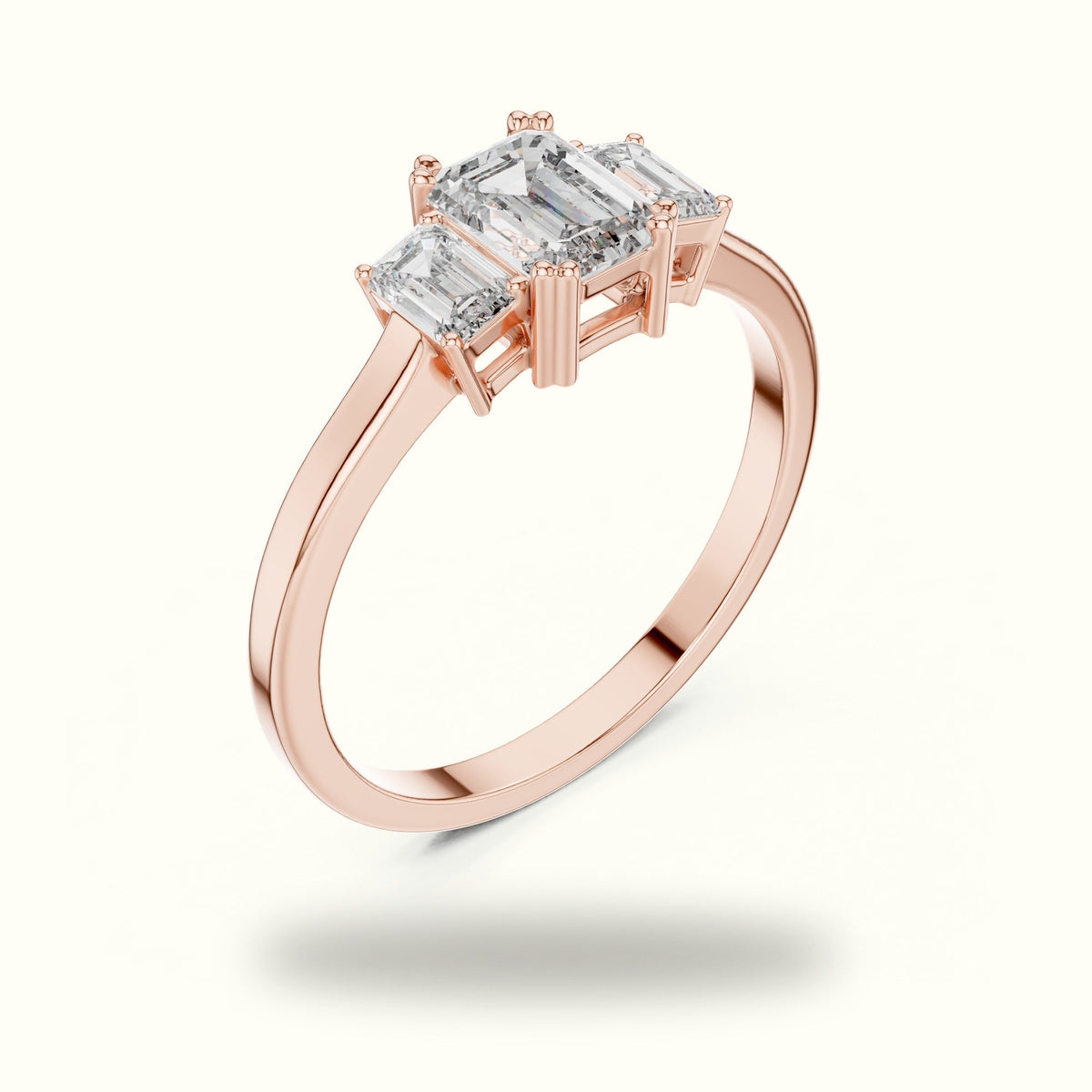 Emerald Three-Stone Basket Lab-Grown Diamond Ring — Rose gold, view 2 | Crystal N Cuts
