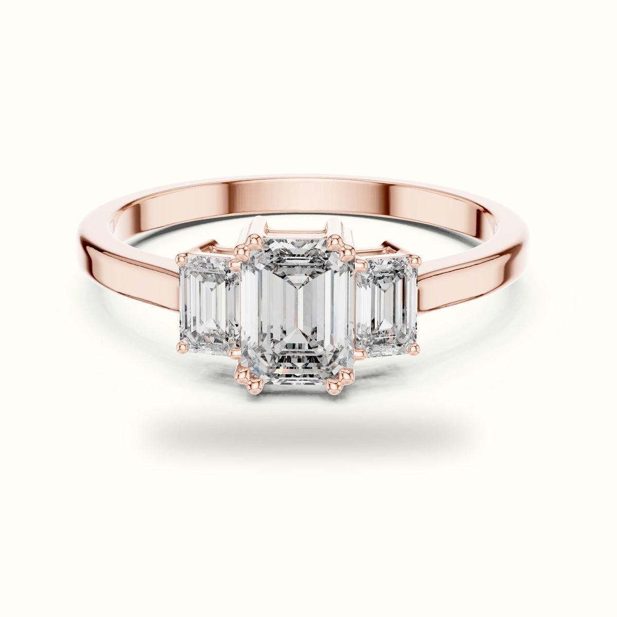 Emerald Three-Stone Basket Lab-Grown Diamond Ring — Rose gold, front view | Crystal N Cuts