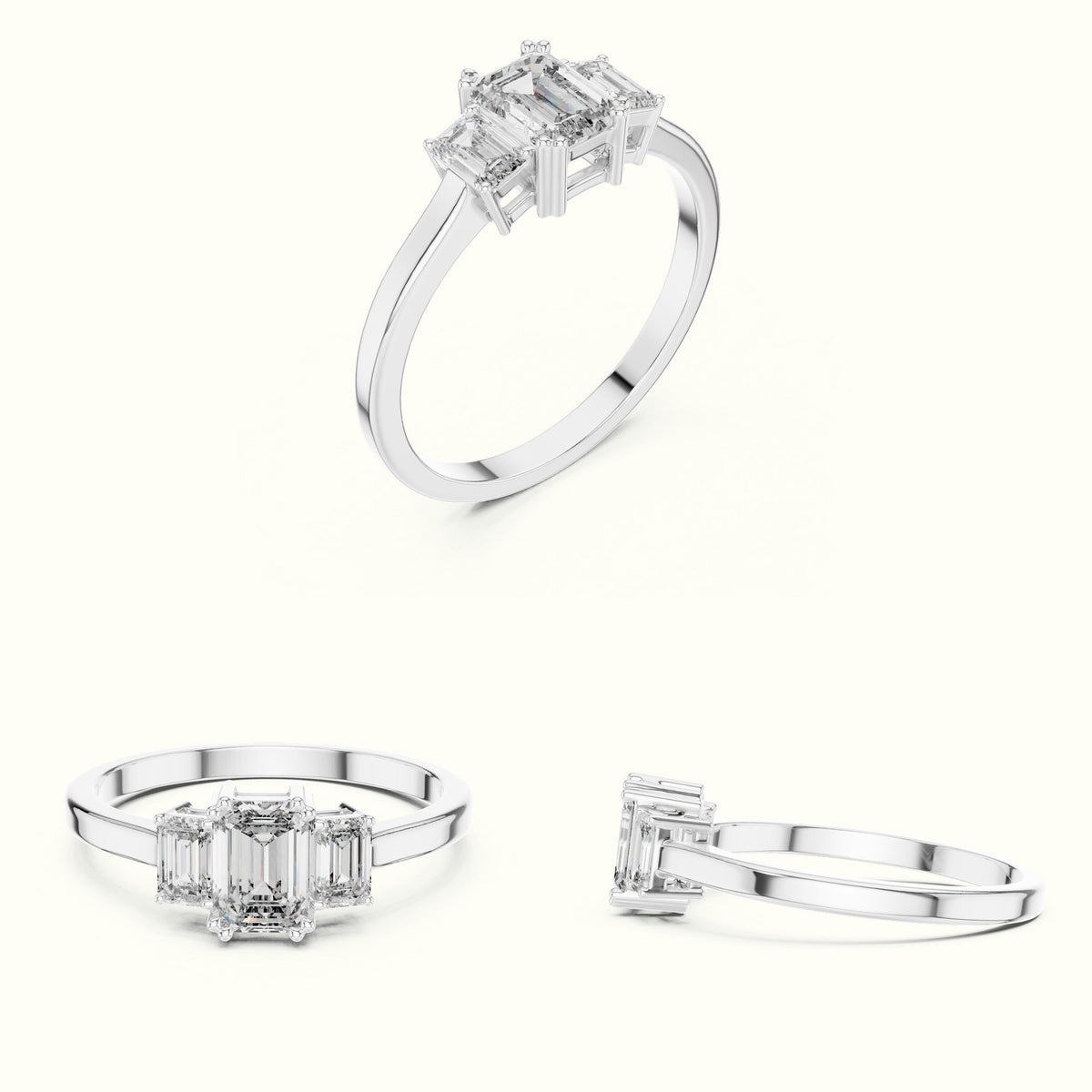 Emerald Three-Stone Basket Lab-Grown Diamond Ring — White gold, on the hand | Crystal N Cuts