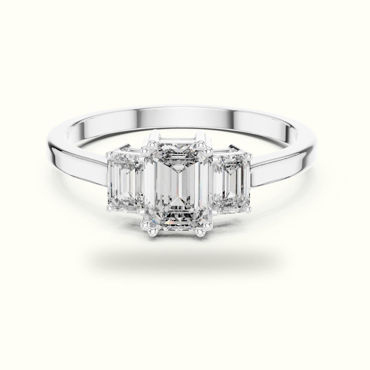 Emerald Three-Stone Basket Lab-Grown Diamond Ring — White gold, front view | Crystal N Cuts