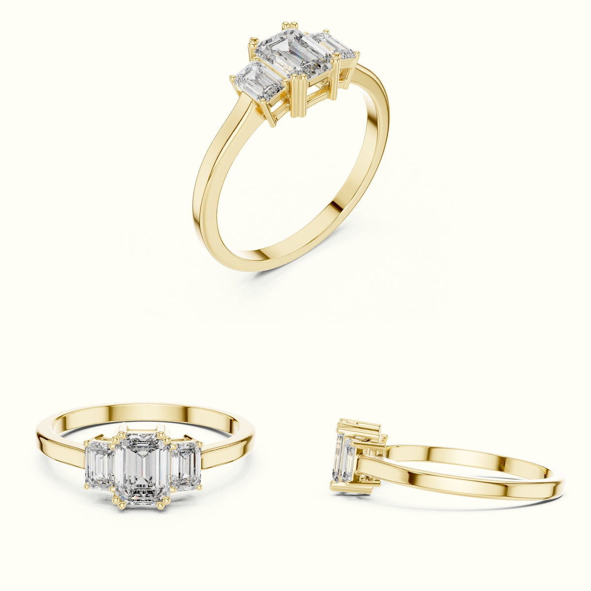 Emerald Three-Stone Basket Lab-Grown Diamond Ring — Yellow gold, on the hand | Crystal N Cuts