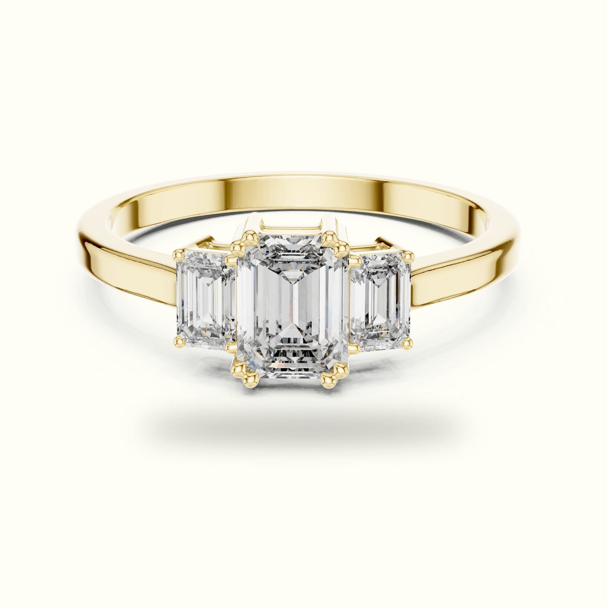 Emerald Three-Stone Basket Lab-Grown Diamond Ring — Yellow gold, front view | Crystal N Cuts