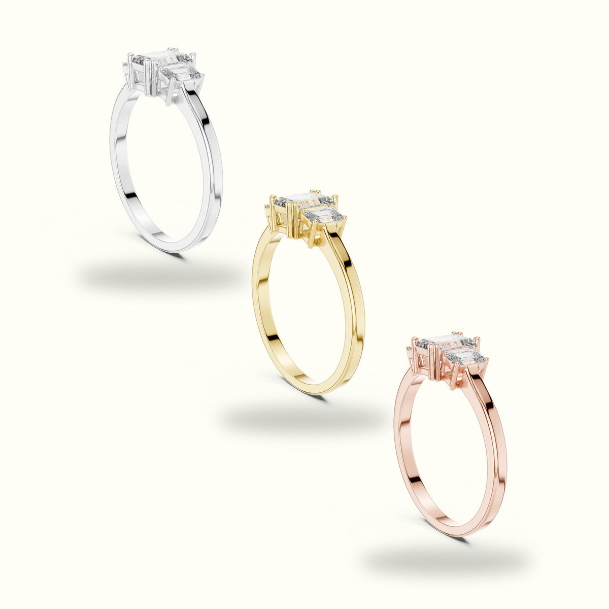 Emerald Three-Stone Basket Lab-Grown Diamond Ring — White gold, in yellow, white and rose gold | Crystal N Cuts