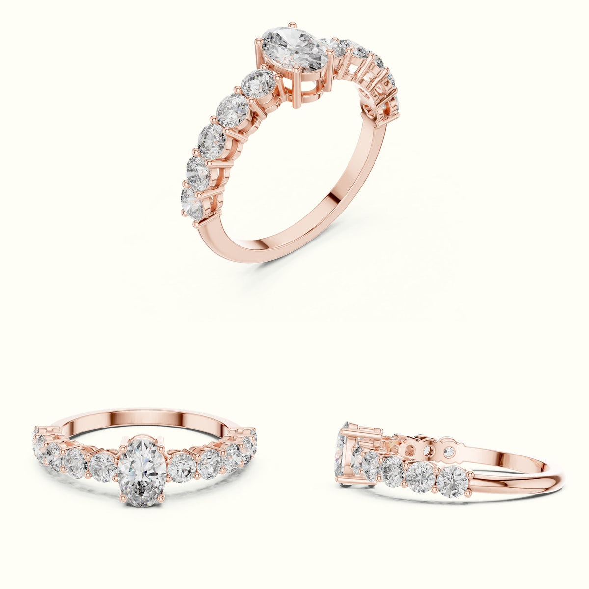 Four-Prong Oval Multi Stone Lab-Grown Diamond Solitaire Ring — Rose gold, on the hand | Crystal N Cuts