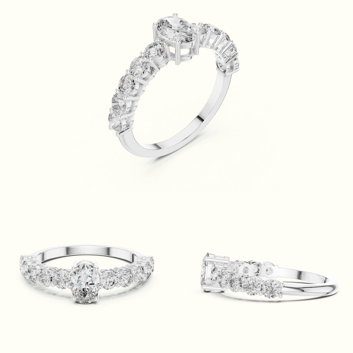 Four-Prong Oval Multi Stone Lab-Grown Diamond Solitaire Ring — White gold, on the hand | Crystal N Cuts