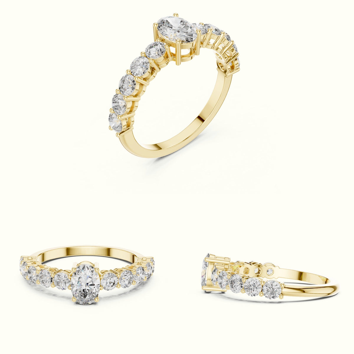 Four-Prong Oval Multi Stone Lab-Grown Diamond Solitaire Ring — Yellow gold, on the hand | Crystal N Cuts