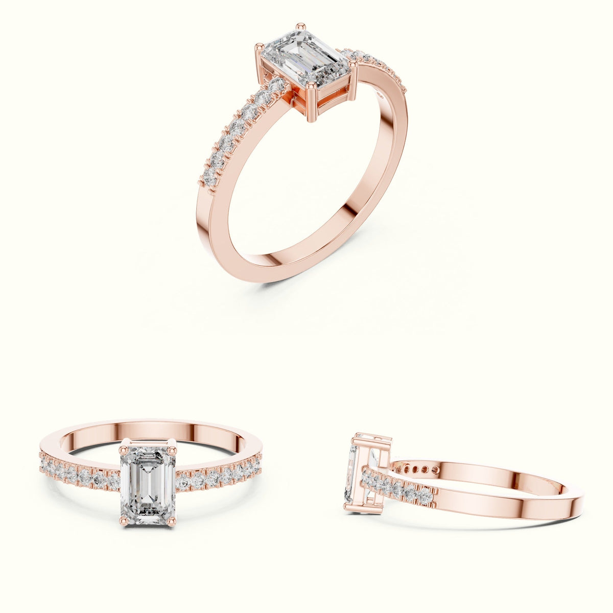 Emerald Basket Lab-Grown Diamond Solitaire Ring — Rose gold, on the hand | Crystal N Cuts