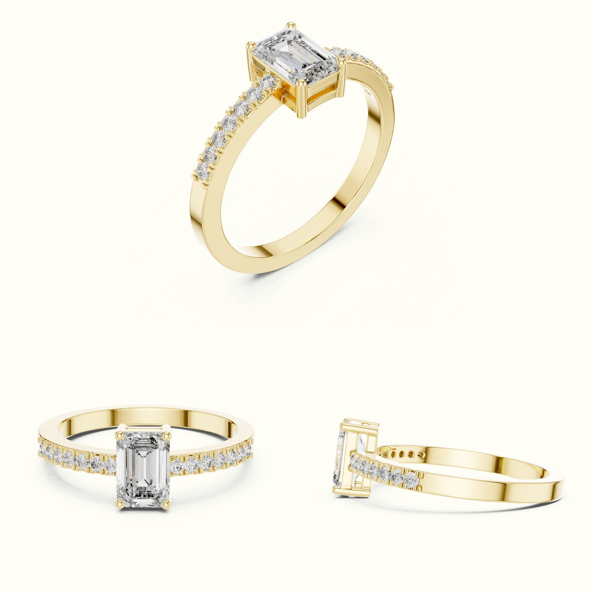 Emerald Basket Lab-Grown Diamond Solitaire Ring — Yellow gold, on the hand | Crystal N Cuts