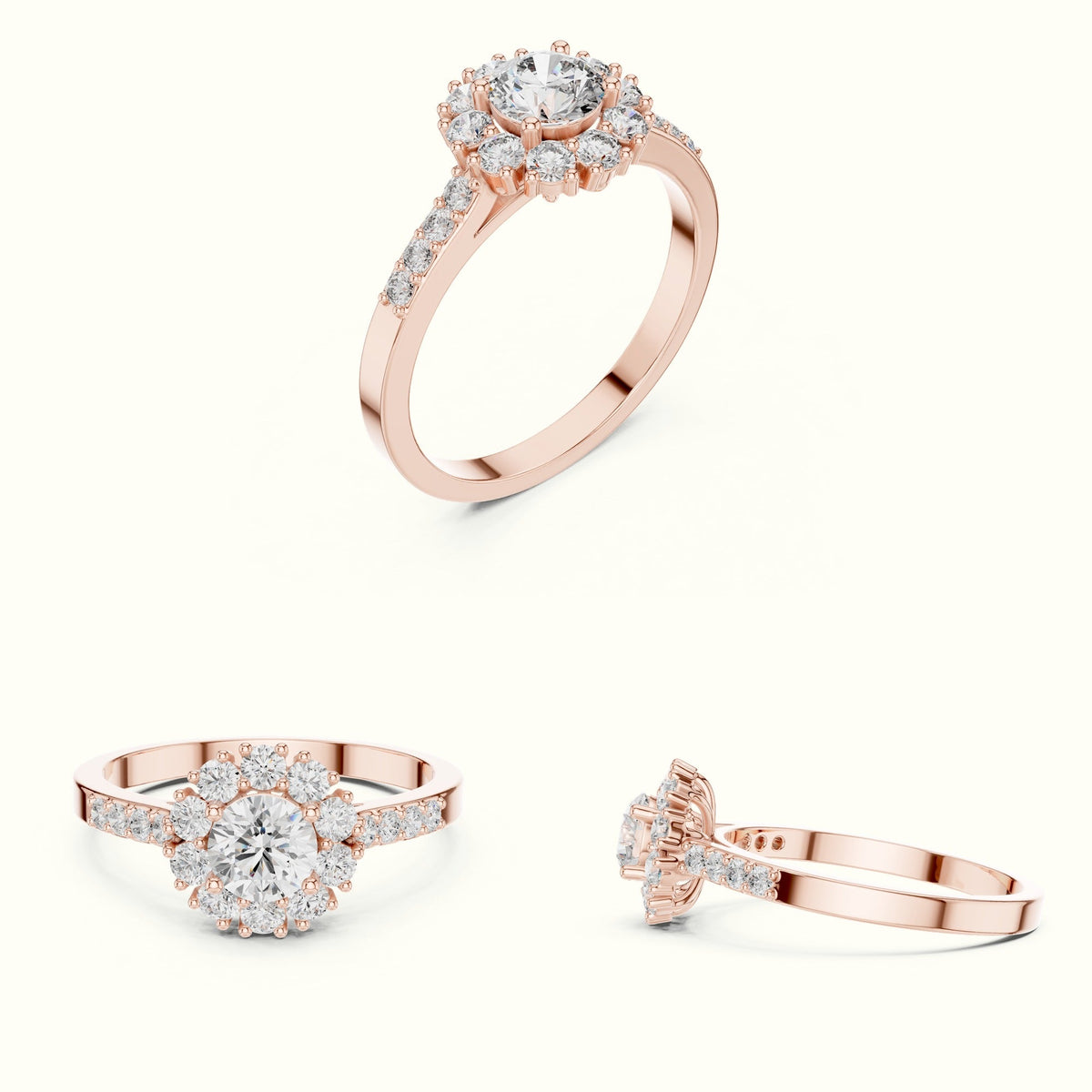 Round Halo Lab-Grown Diamond Ring - ALR-66 — Rose gold, on the hand | Crystal N Cuts