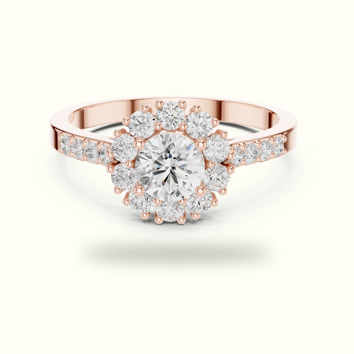 Round Halo Lab-Grown Diamond Ring - ALR-66 — Rose gold, front view | Crystal N Cuts