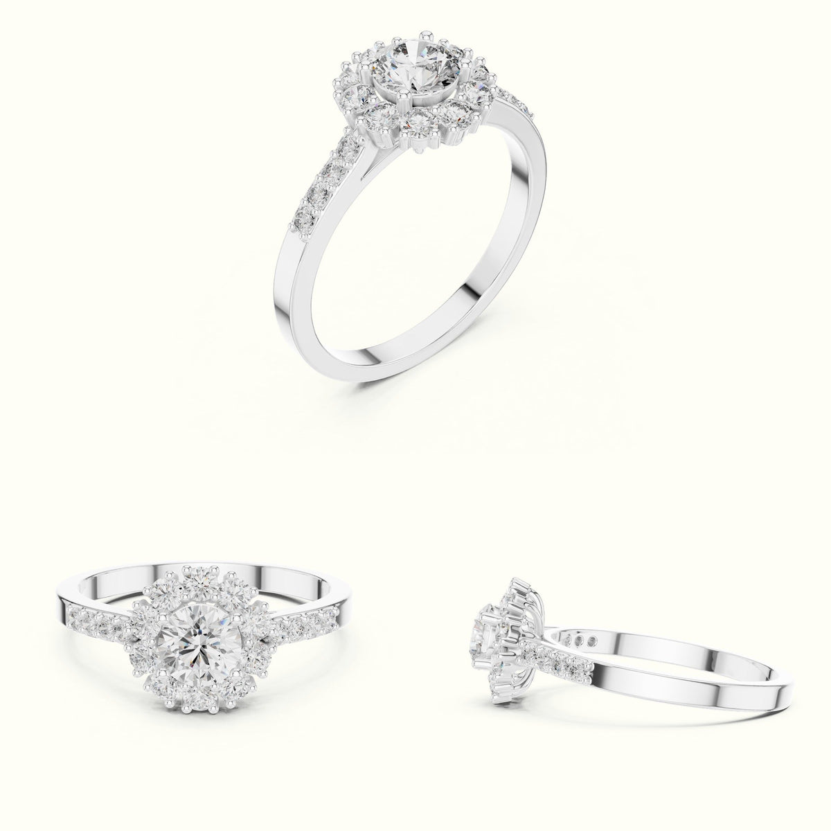 Round Halo Lab-Grown Diamond Ring - ALR-66 — White gold, on the hand | Crystal N Cuts